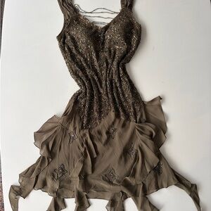 Y2K beaded olive silk dress